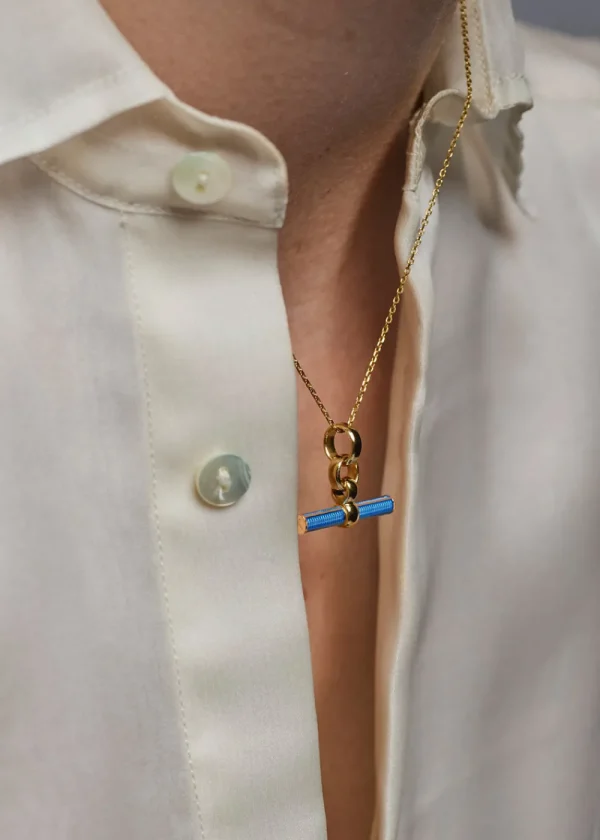 Tilly Sveaas Aquamarine Enamelled Small Gold T-bar on Trace Chain | Necklaces