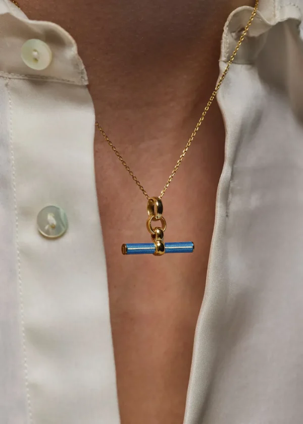Tilly Sveaas Aquamarine Enamelled Small Gold T-bar on Trace Chain | Necklaces