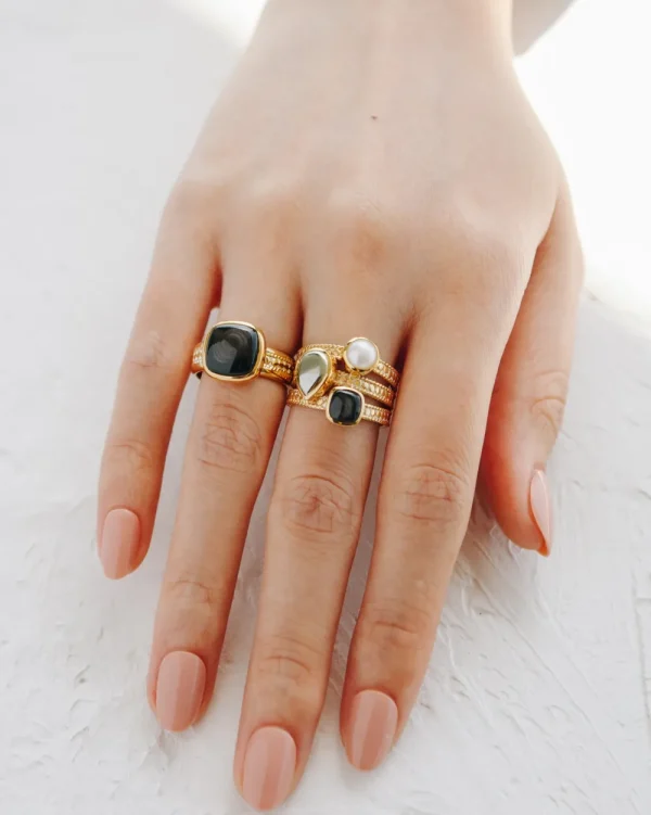Anna Beck Hypersthene, Pyrite, and Pearl Faux Stacking Ring - Gold | Rings