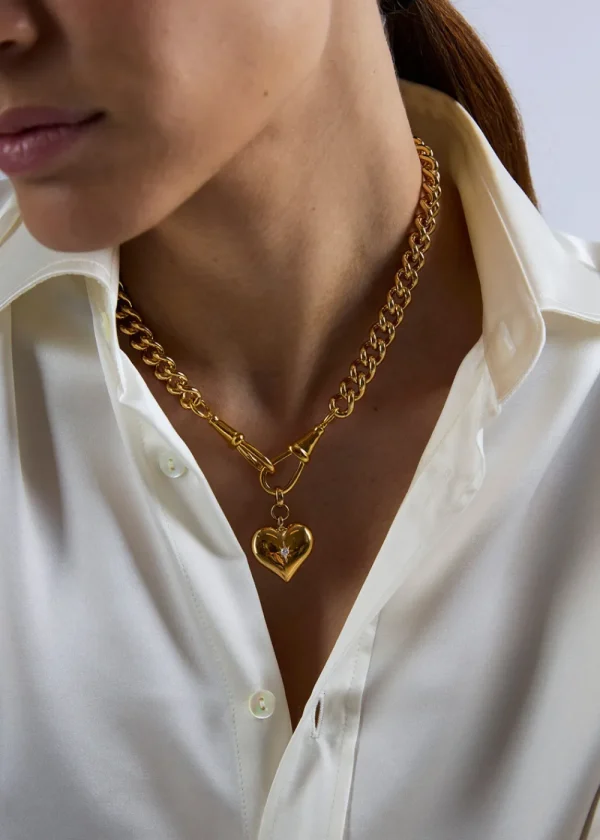 Tilly Sveaas Large Gold Heart on Large Gold Curb Clip Necklace | Necklaces