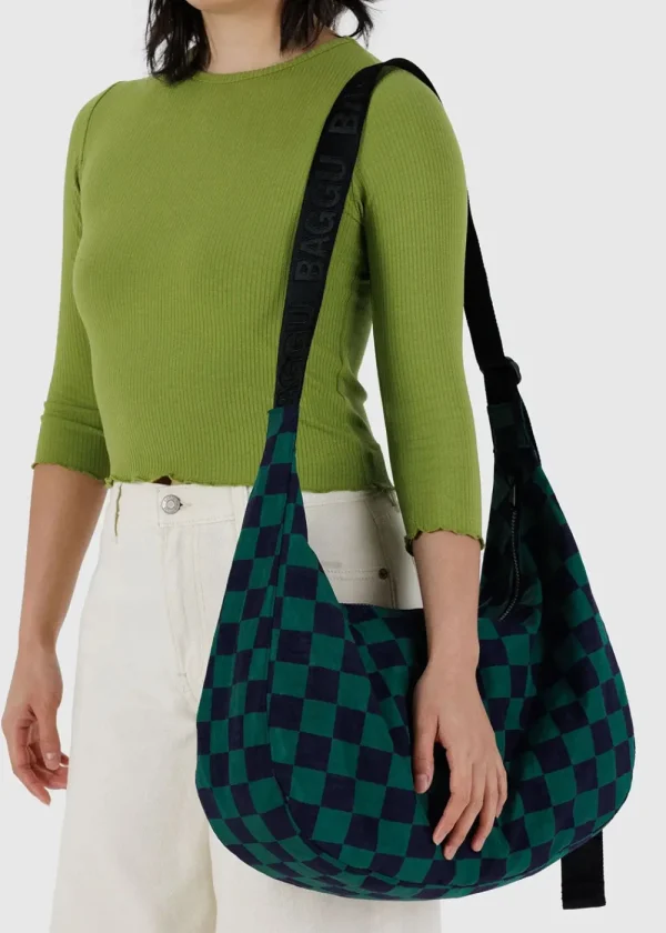 BAGGU Large Nylon Crescent Bag - Navy Green Check | Bags