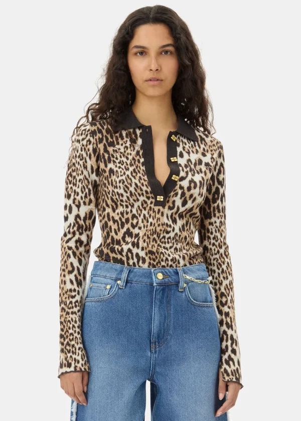 GANNI Leopard Knitted Polo Shirt | Knitwear