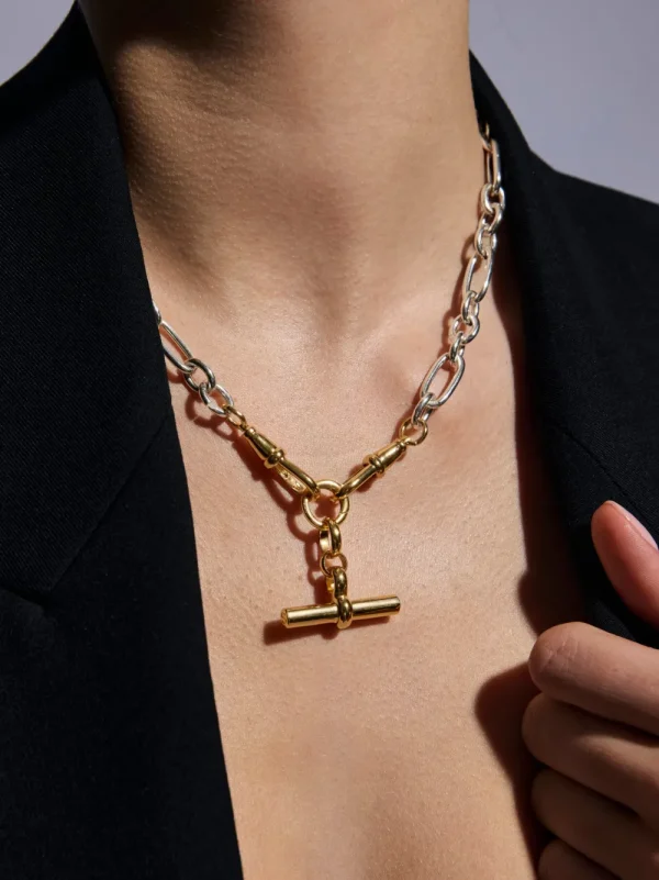 Tilly Sveaas Medium Gold T-bar on Silver and Gold Clipt Watch Chain Necklace | Necklaces