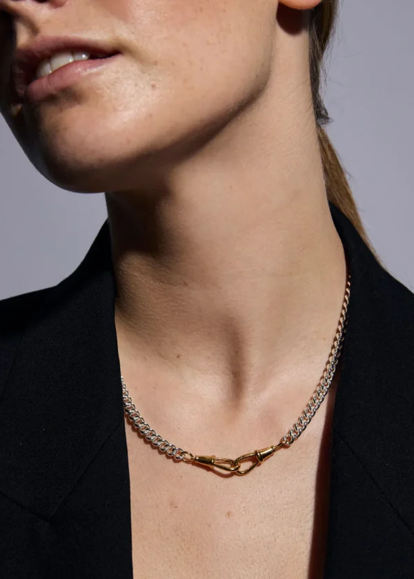 Tilly Sveaas Small Gold T-bar on Slim Silver and Gold Curb Clipt Necklace | Necklaces