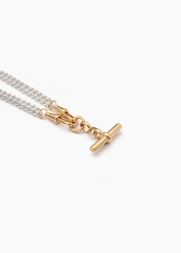 Tilly Sveaas Small Gold T-bar on Slim Silver and Gold Curb Clipt Necklace | Necklaces