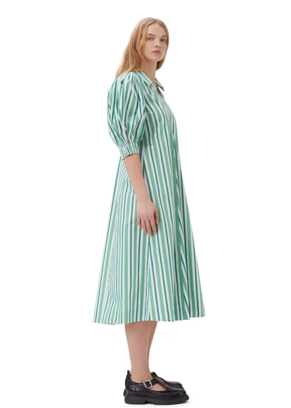 GANNI Striped Cotton Collar Long Dress - Green | Dresses