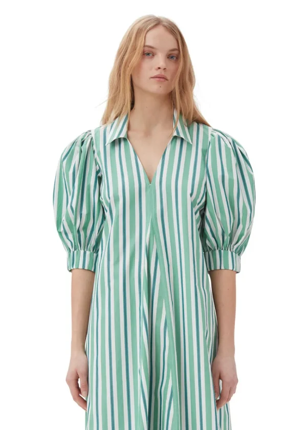 GANNI Striped Cotton Collar Long Dress - Green | Dresses