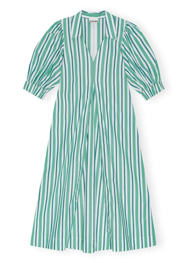 GANNI Striped Cotton Collar Long Dress - Green | Dresses