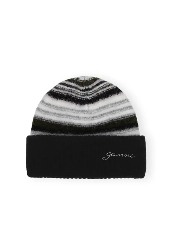 GANNI Striped Soft Wool Beanie - Black | Hats