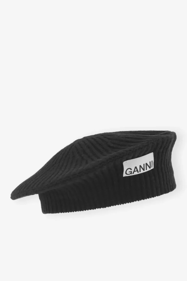 GANNI Wool Rib Knit Beret - Black | Hats